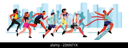 Junger Mann gewinnt im City Marathon. Vektor flach Cartoon horizontale Illustration. Sieger Mann mit rotem Band auf der Ziellinie. Outdoor-Sport und gesunde lif Stock Vektor