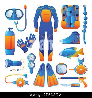 Tauch- und Schnorchelausrüstung, Icons und Designelemente Set, isoliert auf weißem Hintergrund. Vektor flache Cartoon-Illustration. Wasser und Unterwasser Stock Vektor
