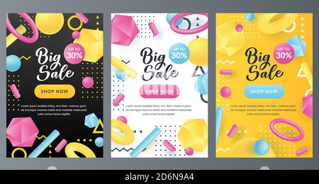 Saisonaler Verkauf Rabatt abstraktes Poster-Set. Memphis Stil Banner Design Vorlage. Vektor 3d mehrfarbige Kunststoff geometrische Formen auf weiß, schwarz und ye Stock Vektor