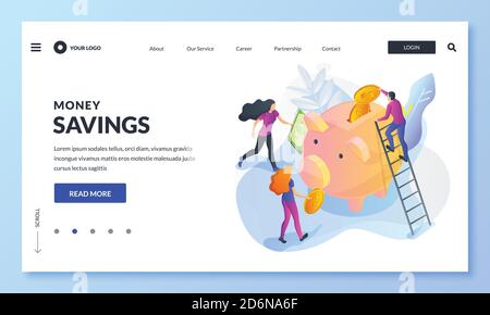 Sparkonzept. Vektor-3d-isometrische Darstellung. Leute, die Geld auf Sparschwein legen. Wirtschaft, Wohltätigkeitsspenden oder Crowdfunding-Landung Stock Vektor