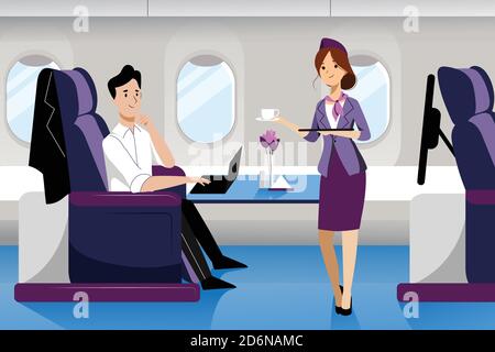 Der junge Mann reist mit dem Flugzeug in der Business Class. Vektor flache Cartoon-Illustration. Erstklassige Flugzeug-Innenausstattung mit komfortablem Sitz. Stewardess Serving Stock Vektor
