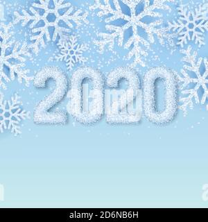 Frohes neues Jahr 2020 weißen Schnee Zahlen auf Winter abstrakten blauen Hintergrund mit realistischen Schneeflocken. Elegantes minimalistisches Banner, Poster, Grußkarte tem Stock Vektor