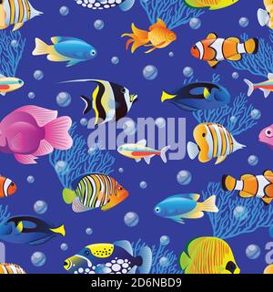 Bunte niedliche Meerfische Sammlung auf blauem Wasser Hintergrund. Vektor nahtloses Muster. Cartoon Aquarium Kinder Textildruck-Design. Tropischer Meerwasserlif Stock Vektor