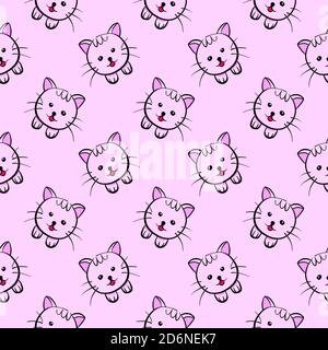 Süße kleine Katze, nahtloses Muster auf violettem Hintergrund. Stock Vektor