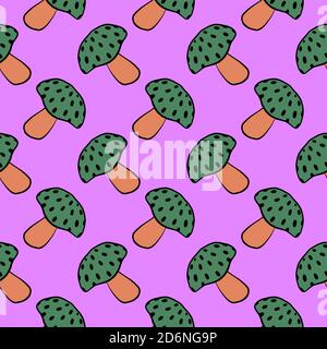 Pilze mit Punkten, Nahtloses Muster auf rosa Hintergrund. Stock Vektor