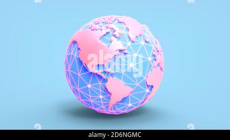 3D Rendering fluorescense bunte Low-Poly-Erde-Vorlage auf Pastell Blauer Hintergrund mit Beschneidungspfad für Diecut zur Verwendung in Jeder Hintergrund Stockfoto