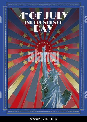 Polygonale Freiheitsstatue Vorderansicht auf bunten Glanz mit Star Element Hintergrund im Art Deco Vintage Retro Stil für Feier zum Unabhängigkeitstag Stockfoto