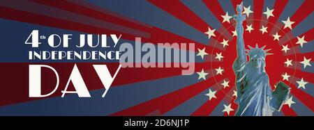 Polygonale Freiheitsstatue Vorderansicht und bunten Glanz mit Weißer Stern-Element-Hintergrund im Art-Deco-Stil auf blau Und rote Farbe Thema Cover oder BA Stockfoto