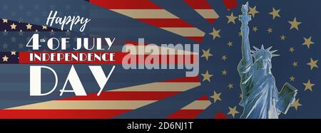 Polygonale Freiheitsstatue Vorderansicht und USA Flagge glänzend Mit Gold-Stern-Element Hintergrund in Vintage Retro Art Deco Stil auf blau Thema Bucht Stockfoto