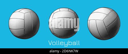 Gravur Zeichnung monochrome Volleyball in drei Blickpunkt gesetzt isoliert Auf blauem Hintergrund Stockfoto