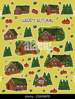 Braune skandinavische grünlandische Holzhäuser, Bäume, Wald Ahornblatt, Spinnen, Spinnennetz, Gras auf dem Dach mit weißen Rändern und Happy Autumn Text, können als nahtlose Muster verwendet werden Stock Vektor