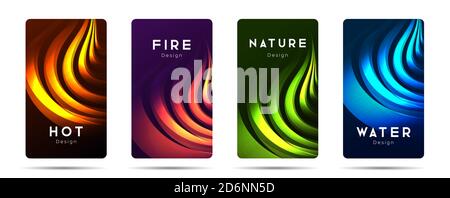 Set von Flyern oder Poster Banner mit vier 3d-Elementen, Feuer, Wasser und Natur, Cover-Design Stock Vektor