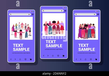 Mix Rennen Mädchen halten Hände zusammen weibliche Ermächtigung Bewegung Frauen Macht Konzept Smartphone-Bildschirme Sammlung kopieren Raum voller Länge Horizontale Vektordarstellung Stock Vektor