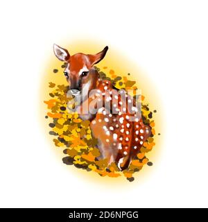Leere Herbstpostkarte. Auf weißem Hintergrund: Hirsch auf gelben Blättern, nicht verziert, isoliert. Bembi Aquarell. Stockfoto