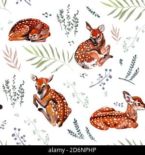 Hirsch Zeichnung Infinity-Muster mit Pflanzen dekoriert. Auf weißem Hintergrund: Hirsche in vier Perspektiven, Pflanzen und Palmenzweige. Bembi Aquarell. Stockfoto