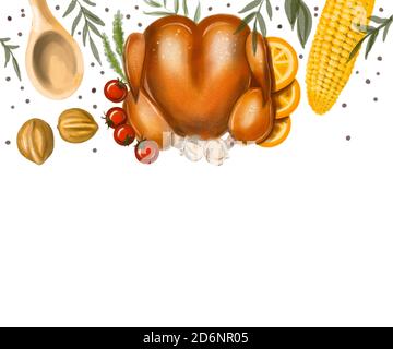 Illustration Thanksgiving Day oder Weihnachtsessen. Für weißen Hintergrund: truthahn, Mais, tapery, Tomaten und Orangen. Postkarte leer zu füllen. Stockfoto