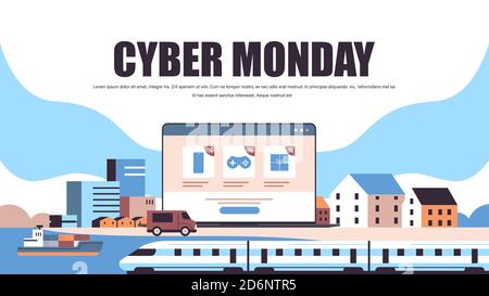 Cyber monday Rabatte Verkauf Sonderangebote auf Laptop-Bildschirm Logistik Transport Express Lieferung Service Konzept horizontale Kopie Raum Vektor Illustration Stock Vektor