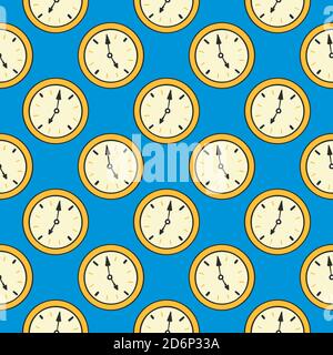 Gelbe Uhr, nahtloses Muster auf blauem Hintergrund. Stock Vektor