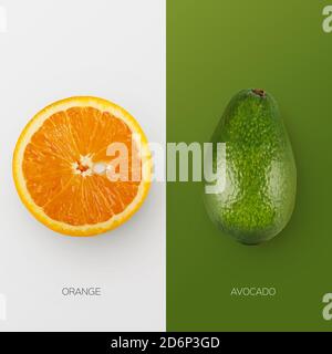 Orange Und Avocado Isoliert Auf Weißem Und Grünem Hintergrund, Collage Stockfoto