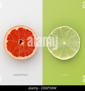 Grapefruit- Und Lime-Hälften Auf Weißem Und Grünem Hintergrund, Quadratisch Stockfoto