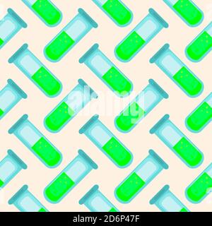 Chemie-Kolben, nahtloses Muster auf hellgelbem Hintergrund. Stock Vektor