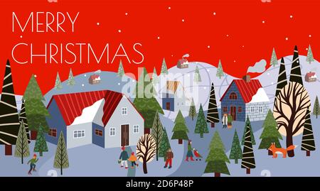 Weihnachtskarte mit winterlicher Berglandschaft und Häusern. Cartoon flache Illustration. Stock Vektor