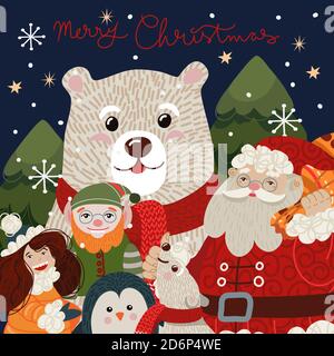 Weihnachtskarte mit niedlichen Eisbären in einem roten Schal. Vektor Cartoon flache Illustration. Stock Vektor