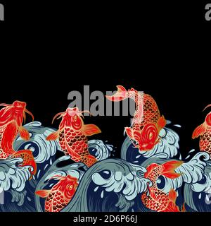 Grenze mit goldenem Fisch Koi. Japanischer Vintage-Druck. Stock Vektor