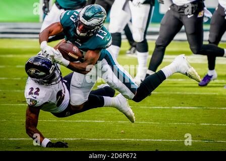 Philadelphia, PA, USA. Oktober 2020. 18. Oktober 2020: Während des NFL-Fußballmatchup zwischen den Baltimore Ravens und den Philadelphia Eagles am Lincoln Financial Field in Philadelphia, Pennsylvania. Scott Serio/Cal Sport Media/Alamy Live News Stockfoto