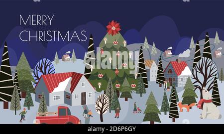 Weihnachtskarte mit winterlicher Berglandschaft und Häusern. Cartoon flache Illustration. Stock Vektor