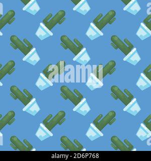Kaktus in einem Topf, nahtloses Muster auf dunkelblauem Hintergrund. Stock Vektor