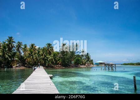 TOBACCO CAYE, STANN CREEK DISTRICT / BELIZE - JUNI 2018: Steg und Palmen auf Tiny Tobacco Caye, einer Insel vor der Küste von Belize bei Dangriga, Stockfoto