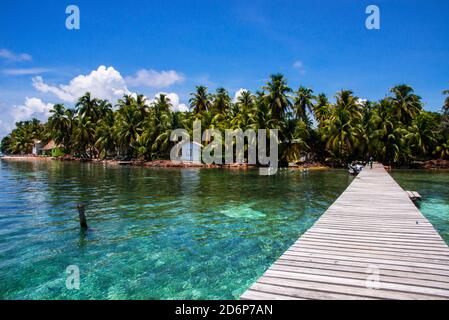 TOBACCO CAYE, STANN CREEK DISTRICT / BELIZE - JUNI 2018: Steg und Palmen auf Tiny Tobacco Caye, einer Insel vor der Küste von Belize bei Dangriga, Stockfoto