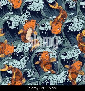 Nahtloses Muster mit Fisch Koi. Japanischer Vintage-Druck Stock Vektor