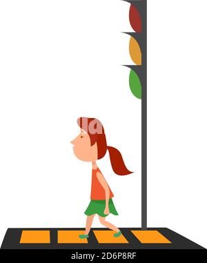 Mädchen auf dem Crosswalk, Illustration, Vektor auf weißem Hintergrund. Stock Vektor