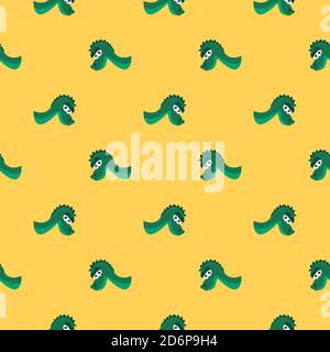 Grüne Dinosaurierköpfe, nahtloses Muster auf gelbem Hintergrund. Stock Vektor
