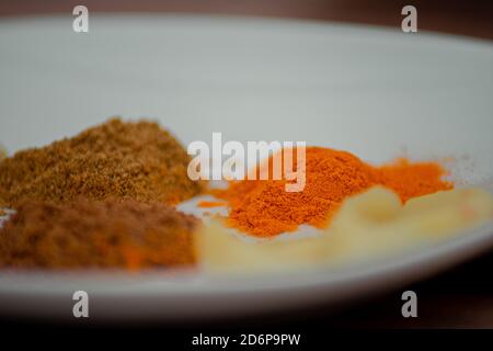 Makro-Aufnahme von verschiedenen Arten von Curry auf dem weißen Platte Stockfoto