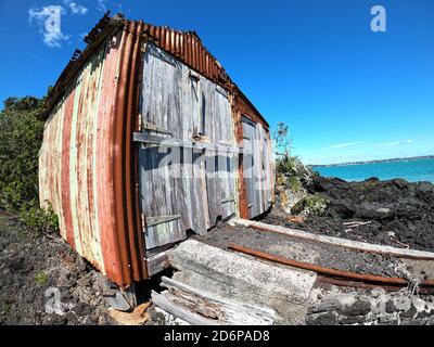 Eine verlassene, verwitterte Hütte mit Wellblech- und Holztüren steht widerstandsfähig vor der Küste von Rangitoto Island, Neuseeland. Stockfoto