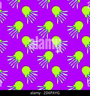 Gelbe Qualle, nahtloses Muster auf violettem Hintergrund. Stock Vektor
