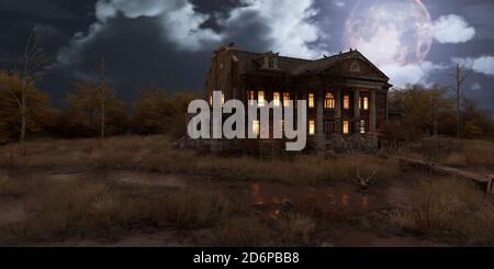 Verlassene Spukhaus Zuflucht der Geister Mondschein Nacht 3d-Illustration Stockfoto
