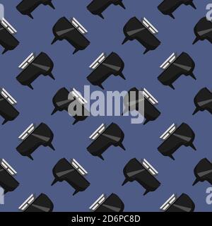 Klavier mit Noten, nahtloses Muster auf dunkelblauem Hintergrund. Stock Vektor