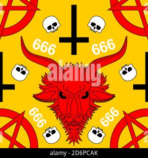 Baphomet Dämon Muster nahtlos. Satanischer Hintergrund. Satan mit Ziegenkopf Ornament. Teufel Symbol Pentagramm Textur Stock Vektor