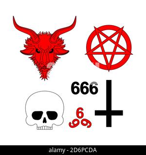 Satanischer Satz. Baphomet Dämon Ziegenkopf. Teuflisches Symbol. Teufel Symbol Pentagramm. Stock Vektor