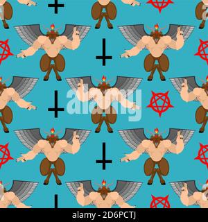 Baphomet Dämon Muster nahtlos. Satanischer Hintergrund. Satan mit Ziegenkopf Ornament. Teufel Symbol Pentagramm Textur Stock Vektor
