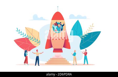 Junge Business-Team startet Rakete. Startup-Metapher. Konzept der Teamarbeit, Zusammenarbeit und Geschäftsmöglichkeiten. Vektorgrafik flach Stock Vektor