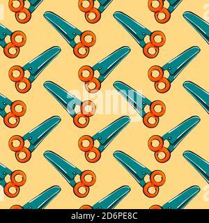 Orangefarbene Schere, Nahtloses Muster auf gelbem Hintergrund. Stock Vektor