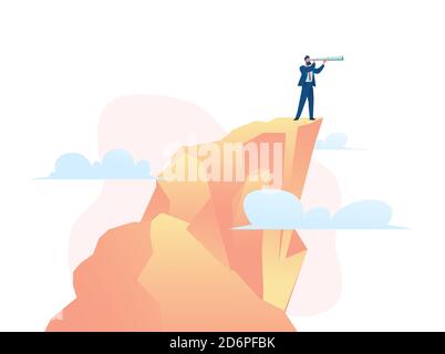 Der Leiter des Geschäftsteams steht auf dem Berg und schaut durch das Glas. Metapher für die Opportunity-Suche. Flache Vektorgrafik Stock Vektor