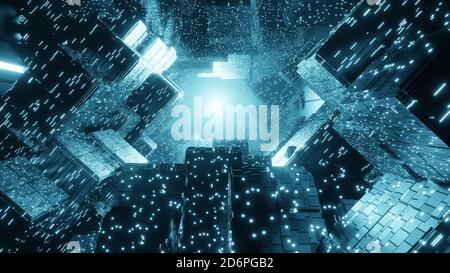 Abstrakt kreative Sci-Fi-Gebäude Hintergrund. Futuristischer Technologiehintergrund. 3D-Rendering-Bild Stockfoto