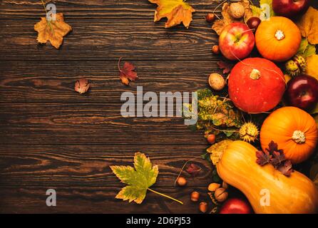 Thanksgiving Hintergrund, Lebensmittel Herbst Ernte Konzept. Rustikaler Tisch mit Äpfeln, Kürbissen, Nüssen, Trauben und Mais auf dunklem Tisch mit Kopierfläche, top vie Stockfoto