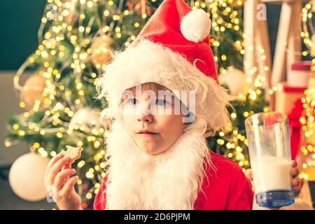 Nahaufnahme des kleinen Weihnachtsmannes mit Schokoladenkekse und einem Glas Milch. Weihnachtliche Speisen und Getränke. Frohe Weihnachten. Santa Plätzchen pflücken. Weihnachtsmann Stockfoto